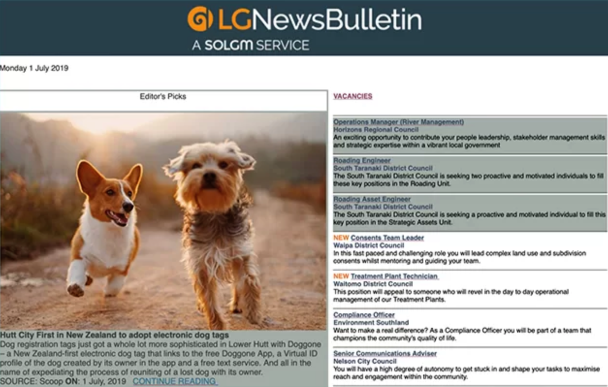 We are delighted to see that on day one of the new dog registration year interest has been shown in Doggone by Local Government across the country. We made front page of the LG News Bulletin.